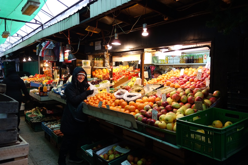 Lublin market with anna buying bananas